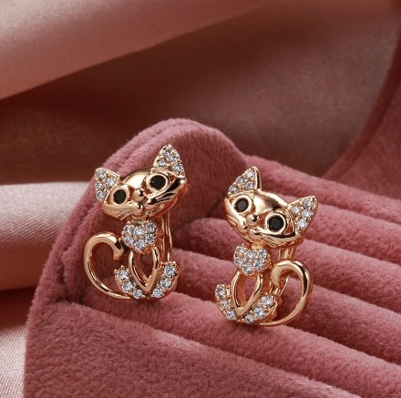 Purple Gold Temperament Cat Fine Zircon-embedded Earrings