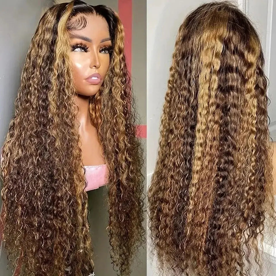 Honey Blonde Water Wave Lace Front Curly Wigs